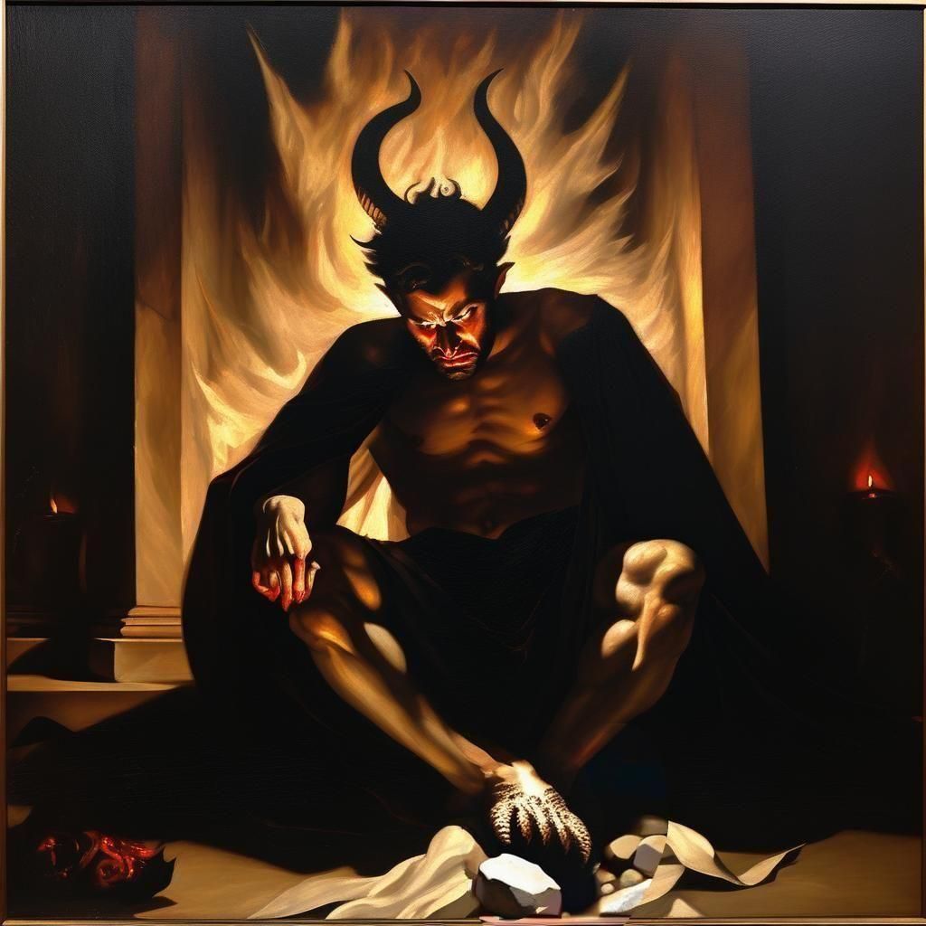 Tormented Lucifer Plotting Revenge: Classical Oil Painting