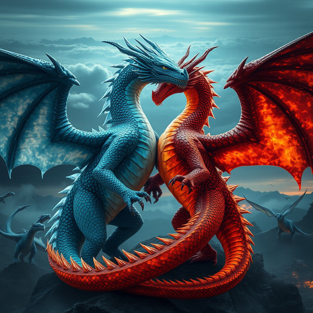 Majestic Ice and Fire Dragons Embrace in HDR Landscape