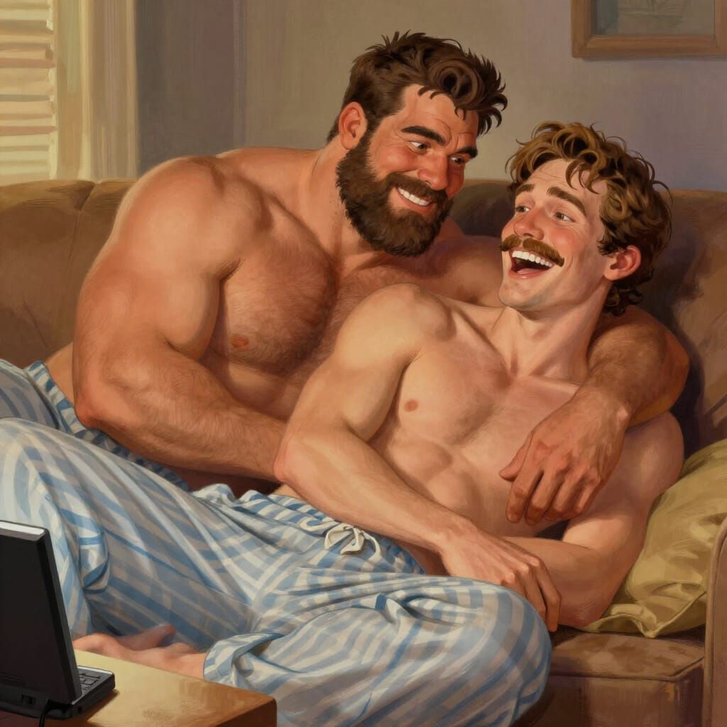 Cozy Couch Scene: Two Men Snuggling and Laughing