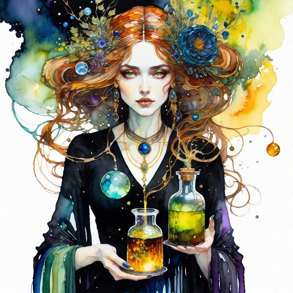Young Witch Brewing Potions in Alcohol Ink Style