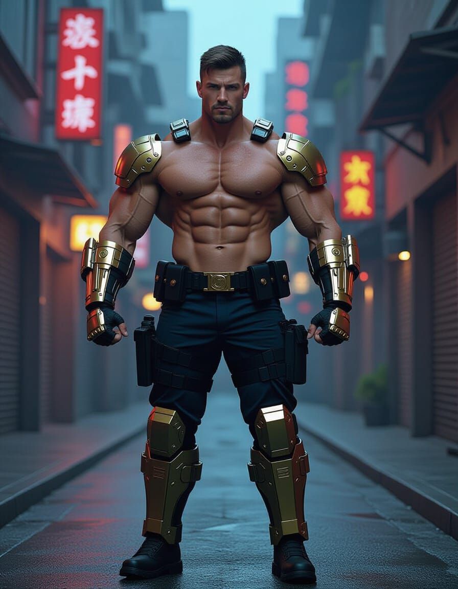 Tactical Cyborg Prince Bodybuilder in Neon Alley