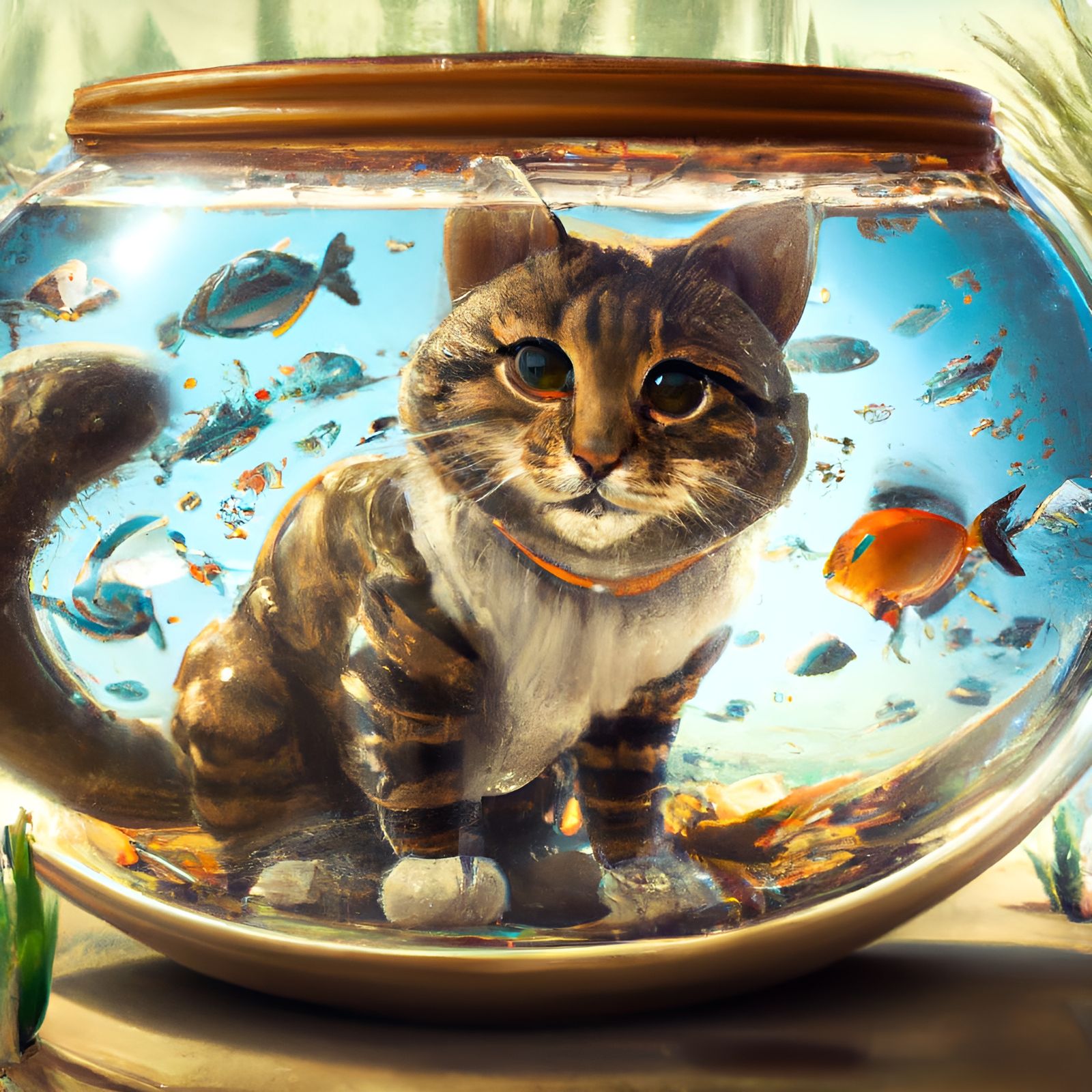 Adorable Cat in Fish Bowl, 3D Render