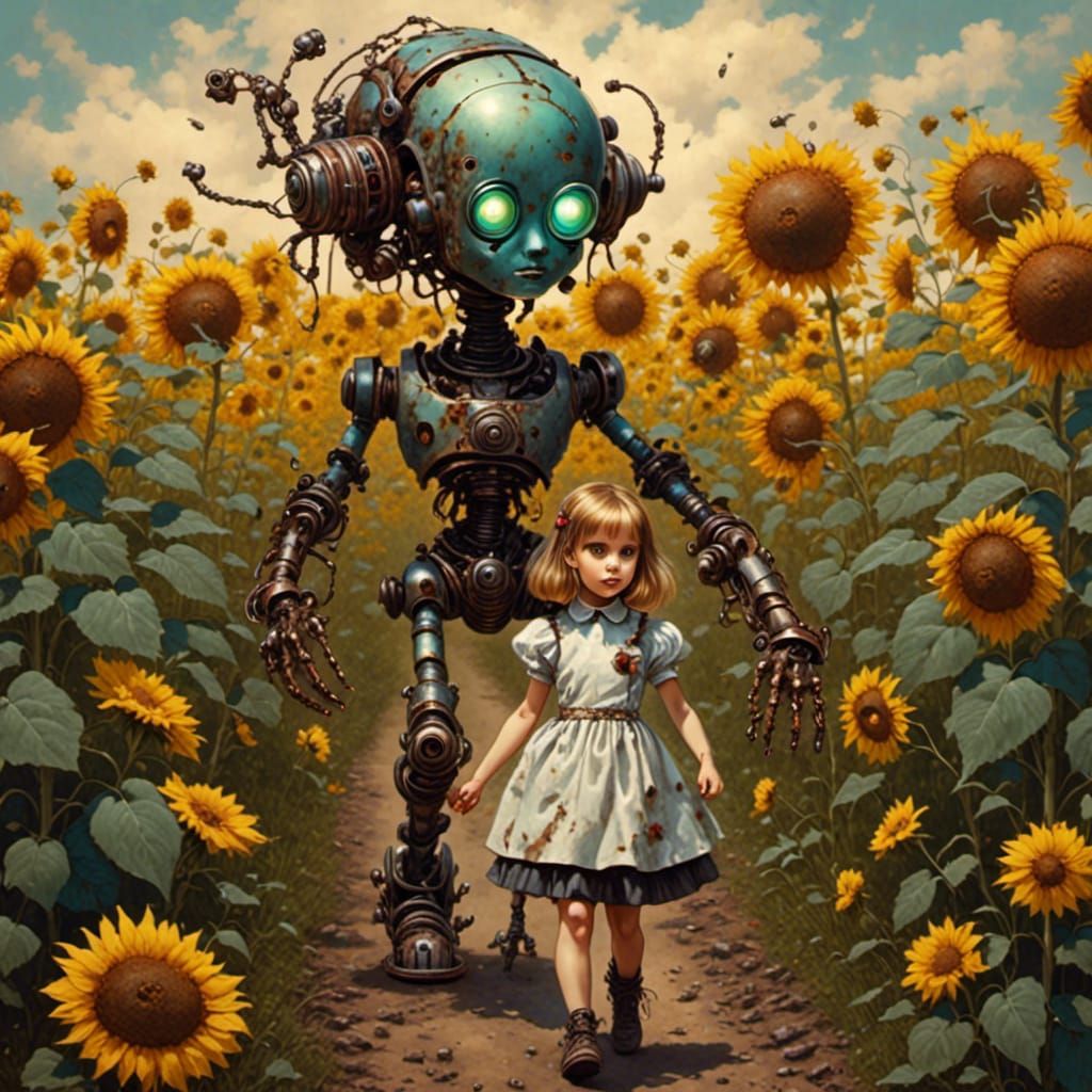 Girl and Robot in Sunflower Field