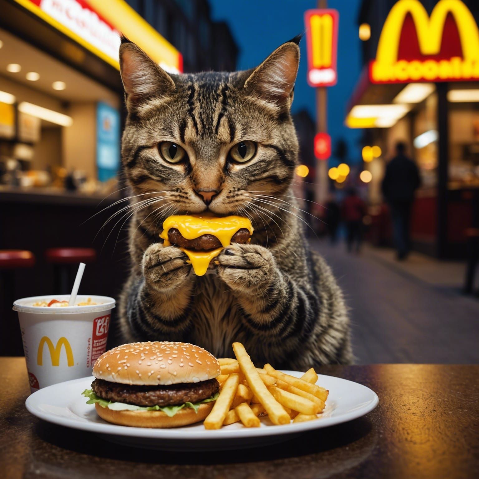 Hyperrealistic Cat Eating McDonalds Meal