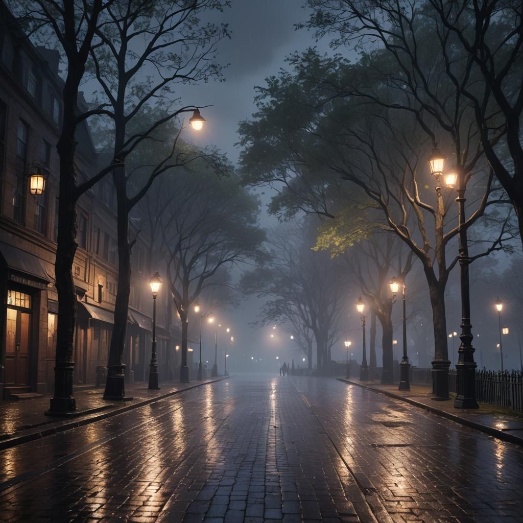 Rainy Night Street Scene in a Matte Painting