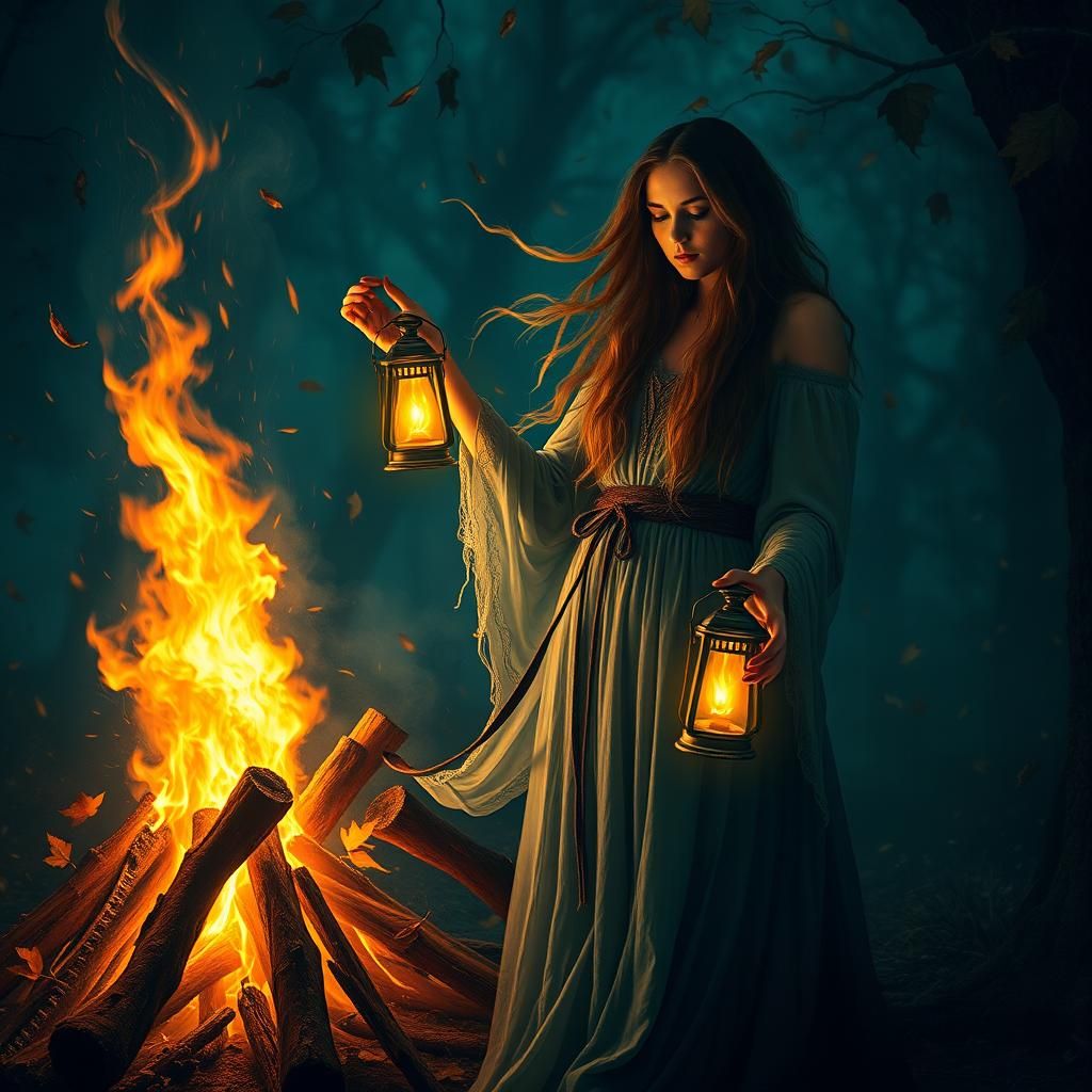 Mystical Woman at Samhain Bonfire in Dreamlike Art