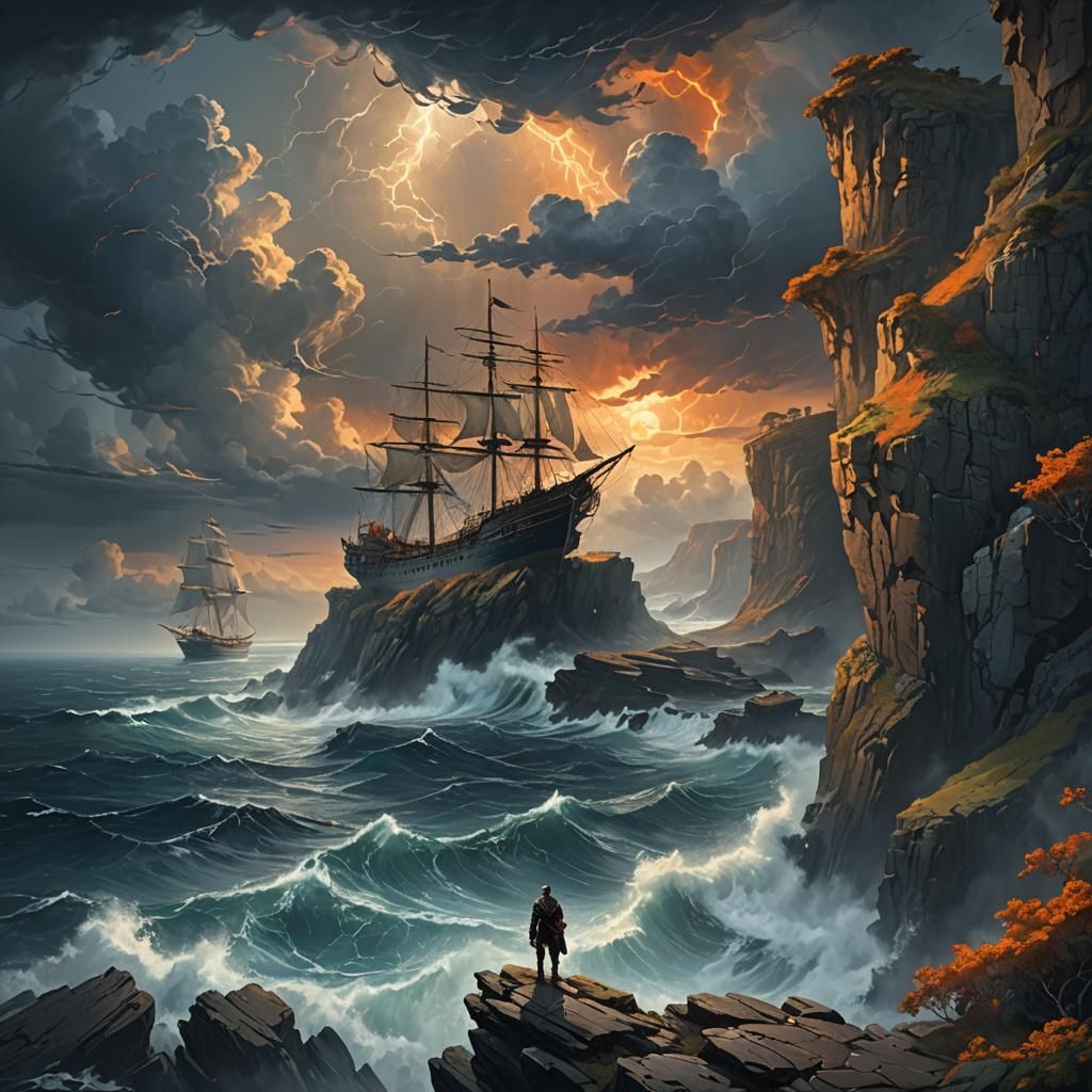 Majestic Ship Awaits on Stormy Sea: Fantasy Art