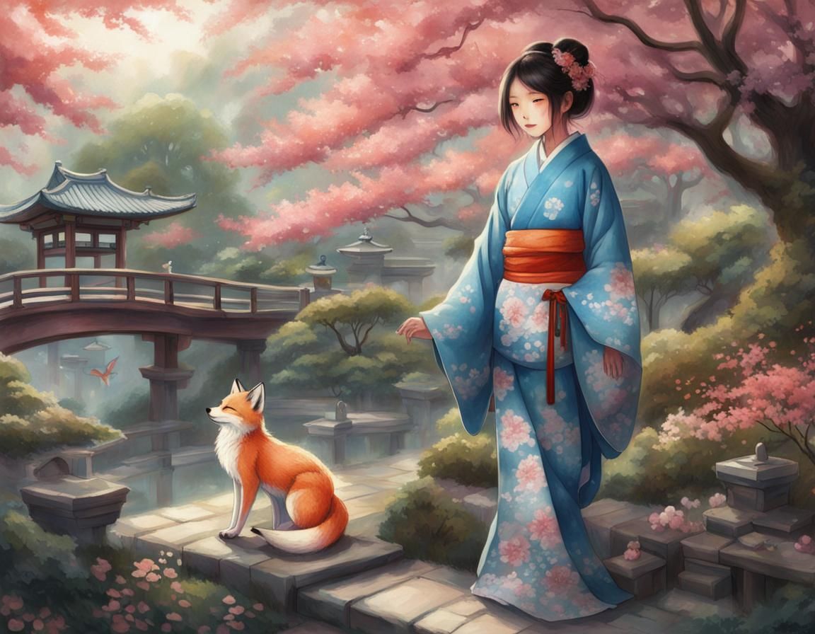 Ethereal Kitsune Woman in Japanese Garden
