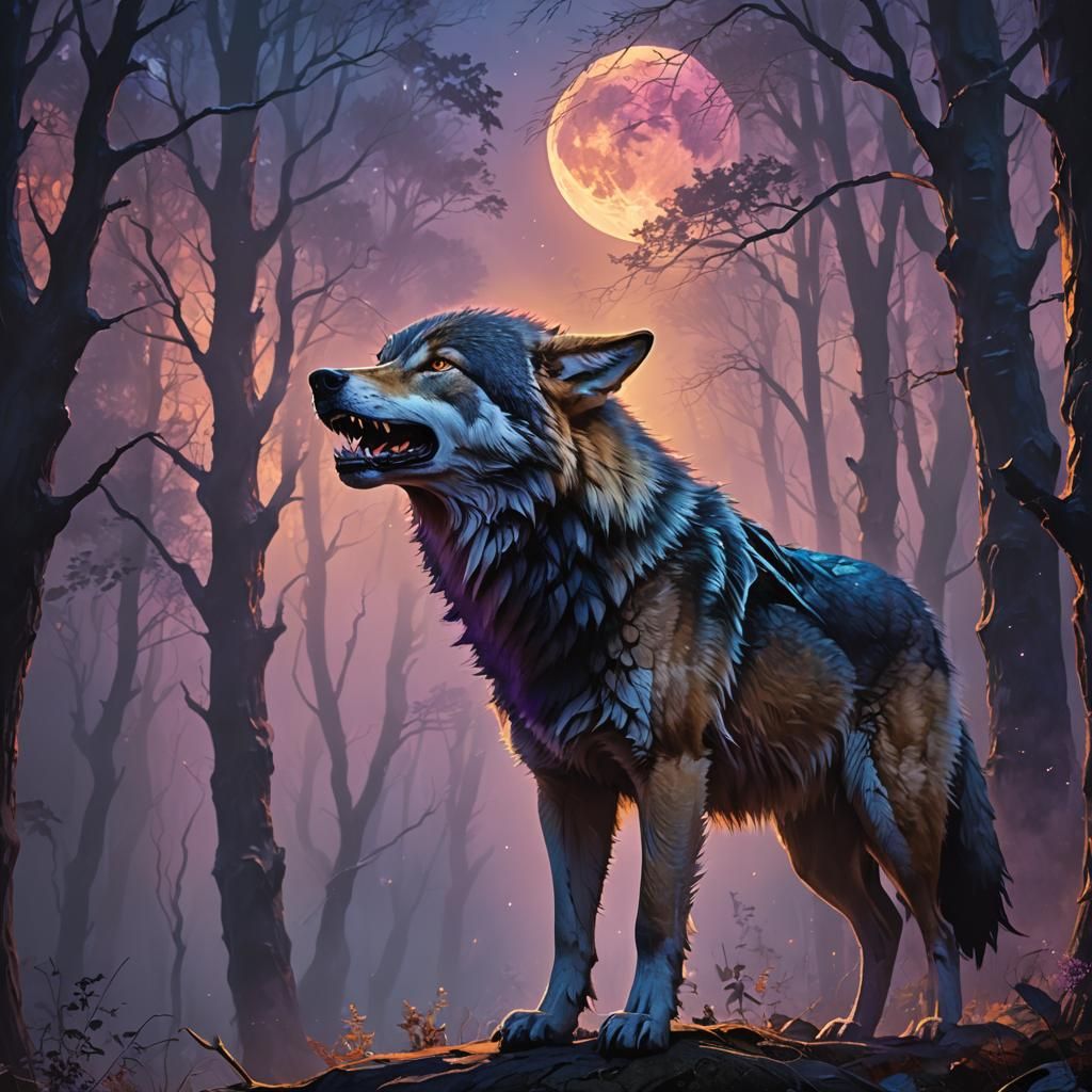 Wolf Howling in Moonlit Surrealism: Oil Painting