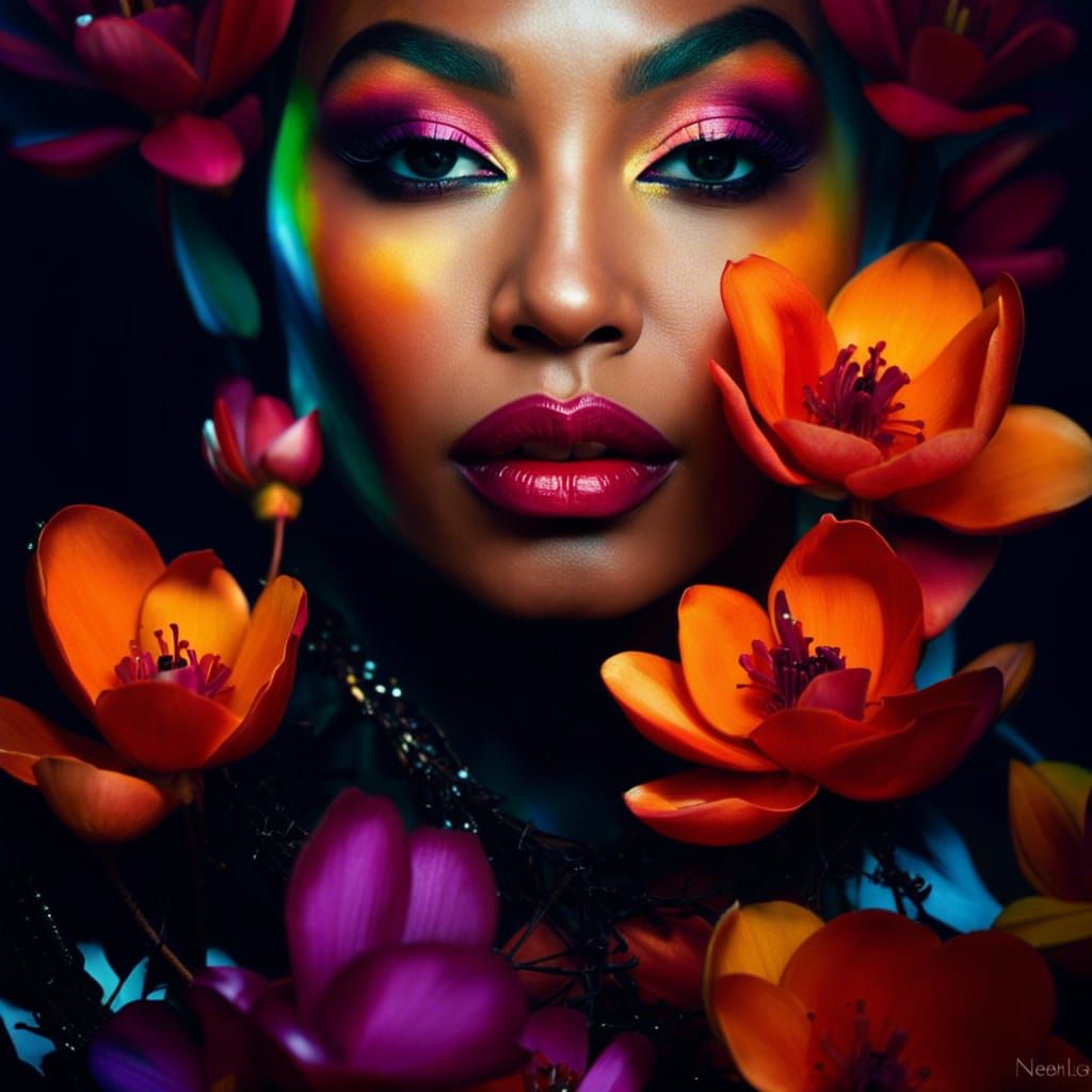 Beyoncé Portrait with Black Magnolias in Vibrant Colors
