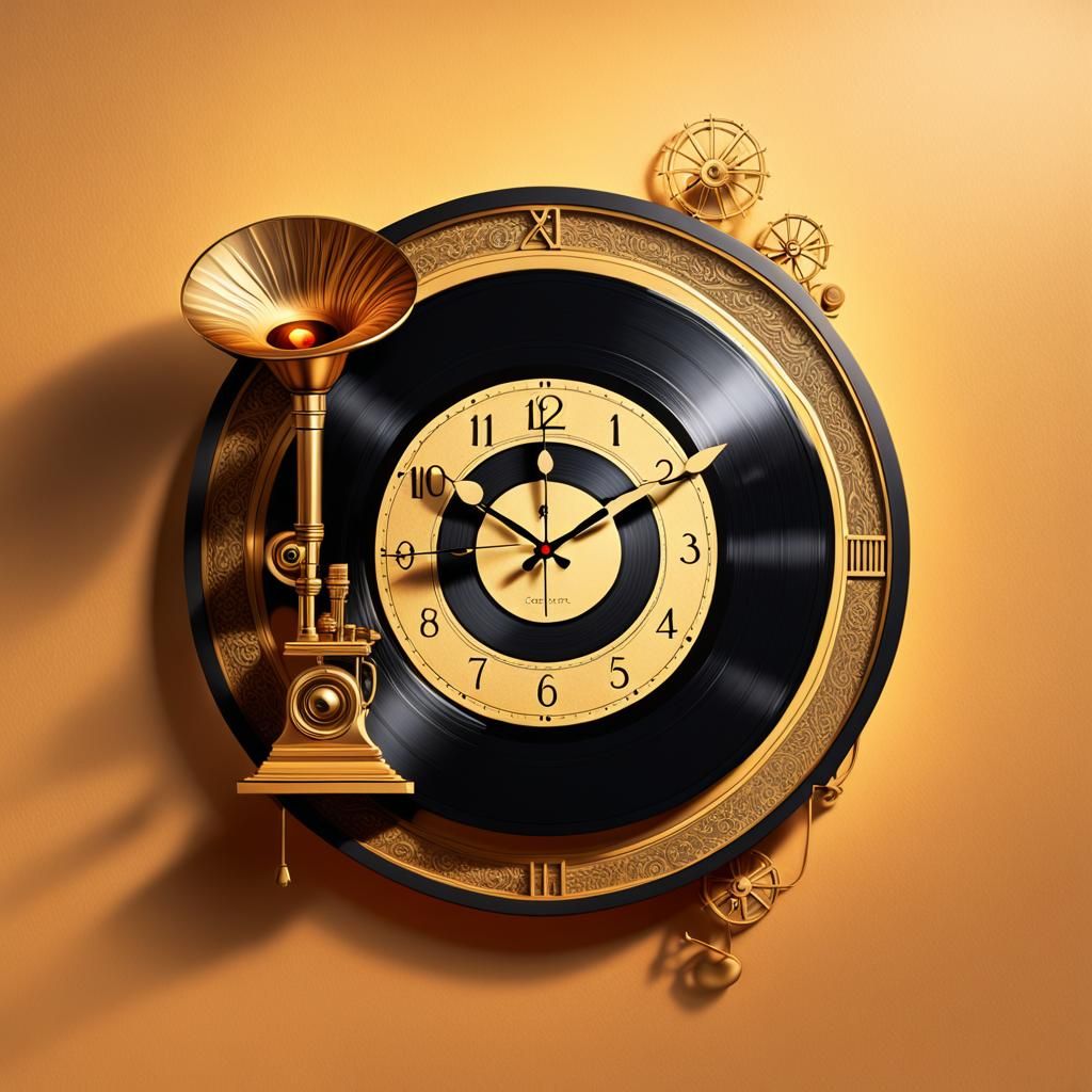 Gramophone Record Wall Clock in Surreal Digital Art