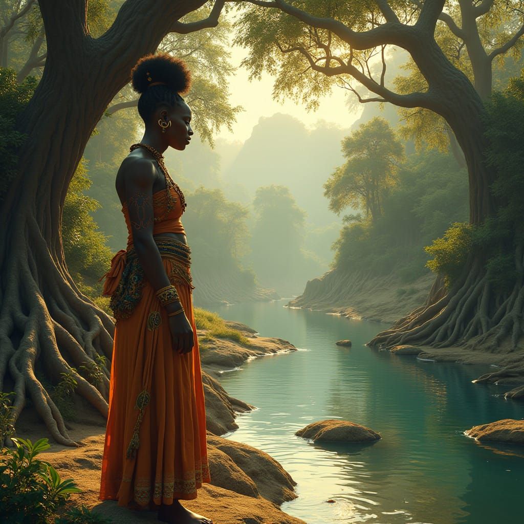 Serene African Goddess by a Majestic River