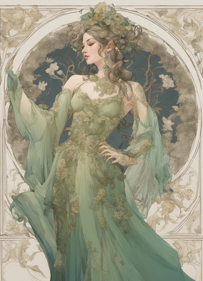 Art Nouveau Lady in Floral Gown Watercolor