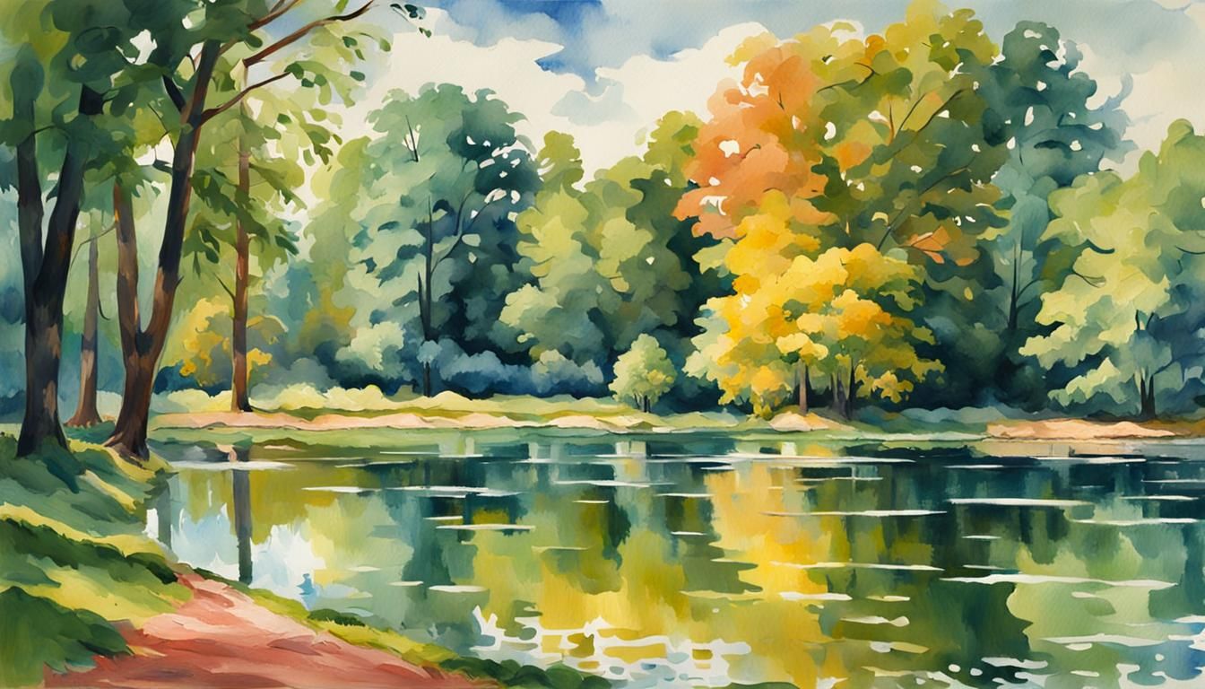 Gouache Style Lake Scene in Park