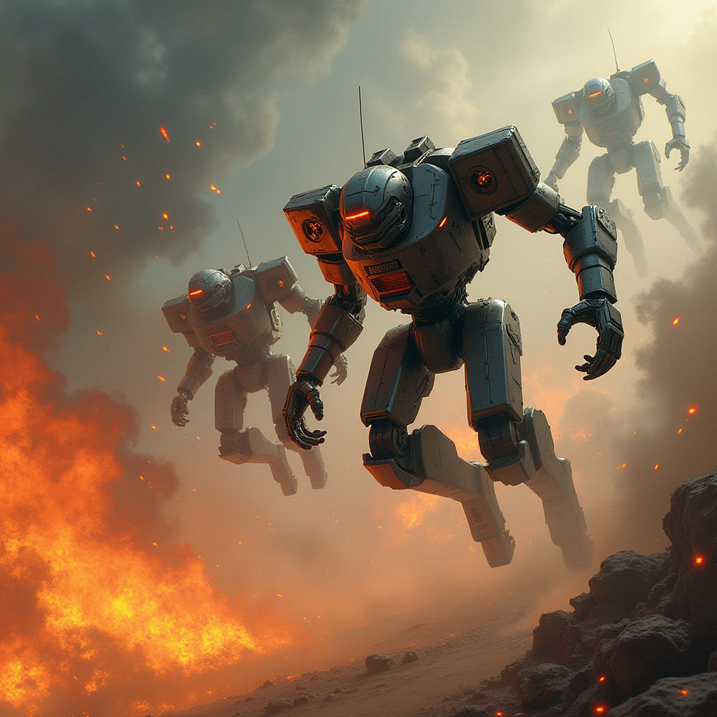 Intense Mech Battle: Neon Futurism Meets Gritty Textures