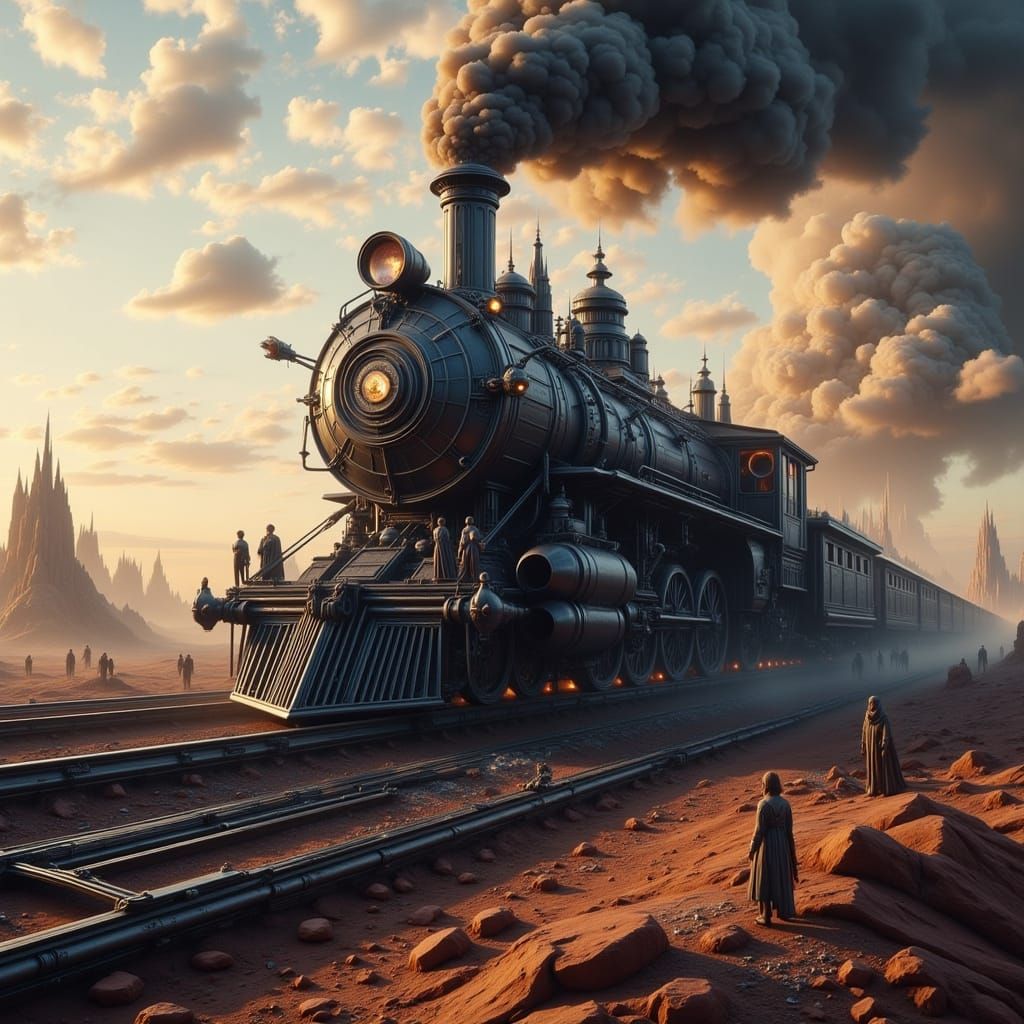 Futuristic Steam Train on Alien Planet with Passengers