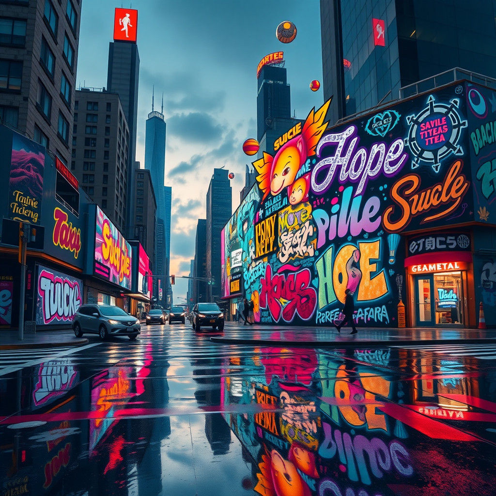 Neon Graffiti Art in Futuristic City Intersection