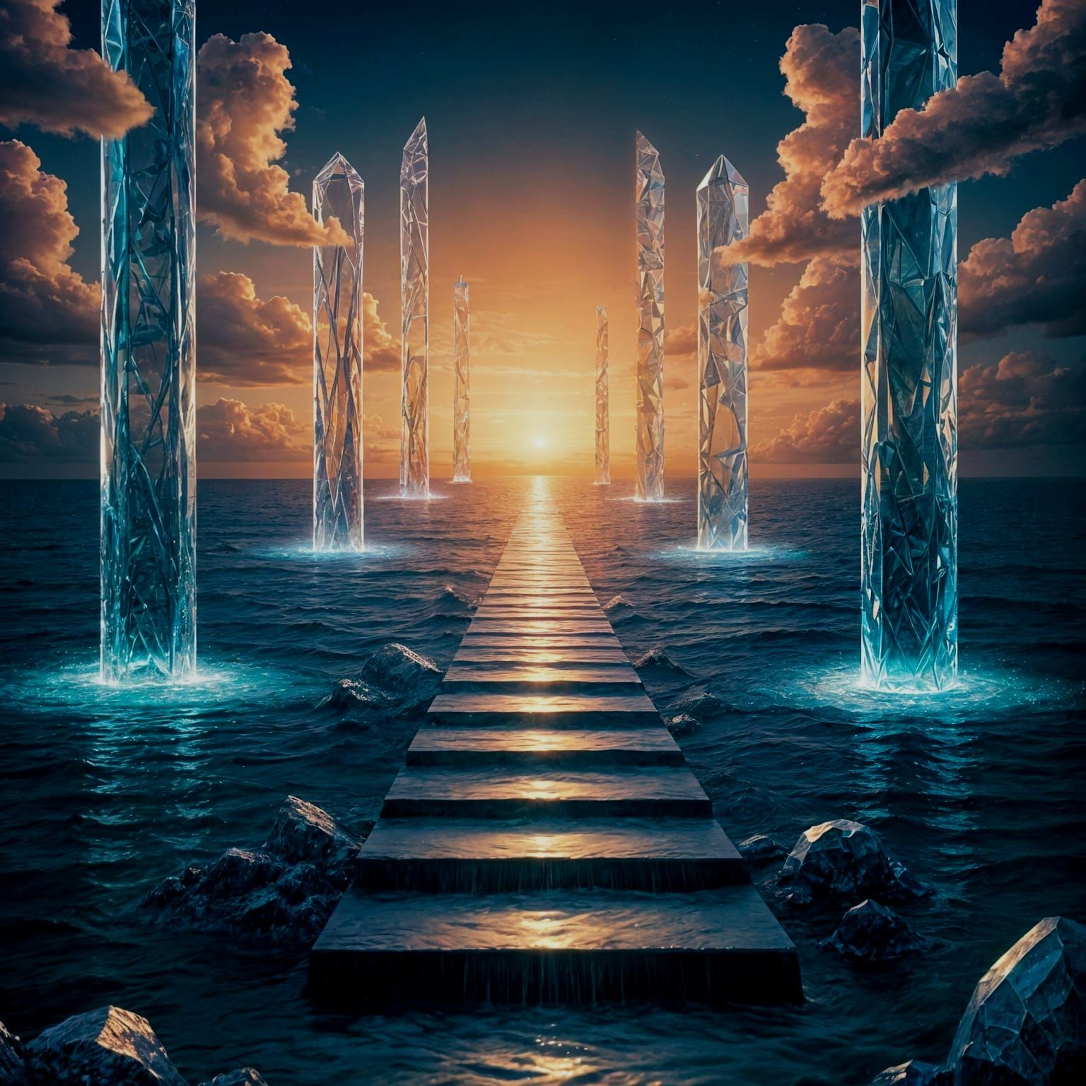 Surreal Dreamscape of Crystalline Waterfalls in a Whimsical...