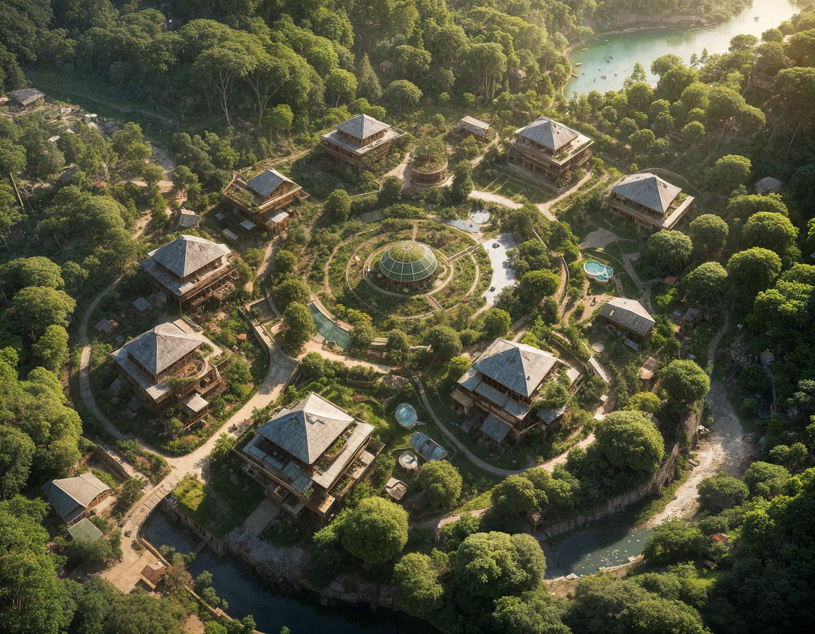 Utopian Eco-Village with Fortified Walls and Lush Gardens