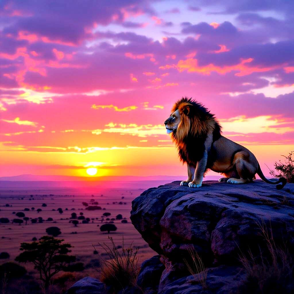 Majestic Lion Overlooks Savanna at Sunset: Surreal Photograp...