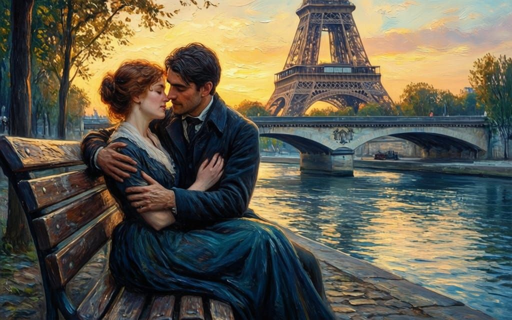 Couple Embracing by Seine at Sunset Oil Painting