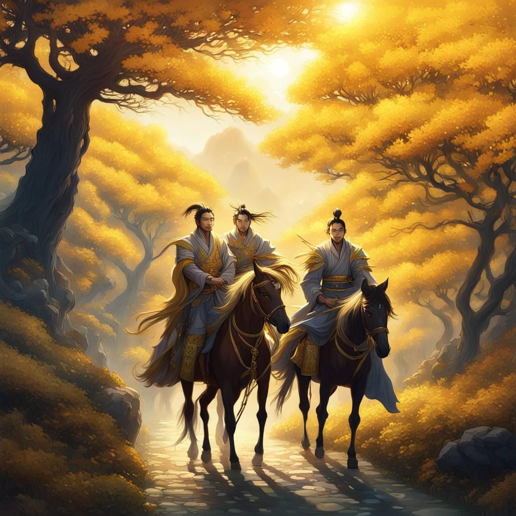 Chinese Men on Mountain Path in Manhua Style