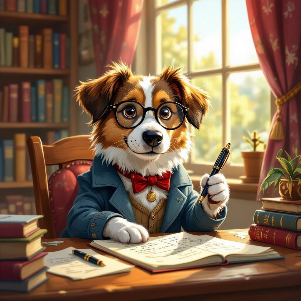 Dog Doing Homework in Cozy Room, Whimsical Art