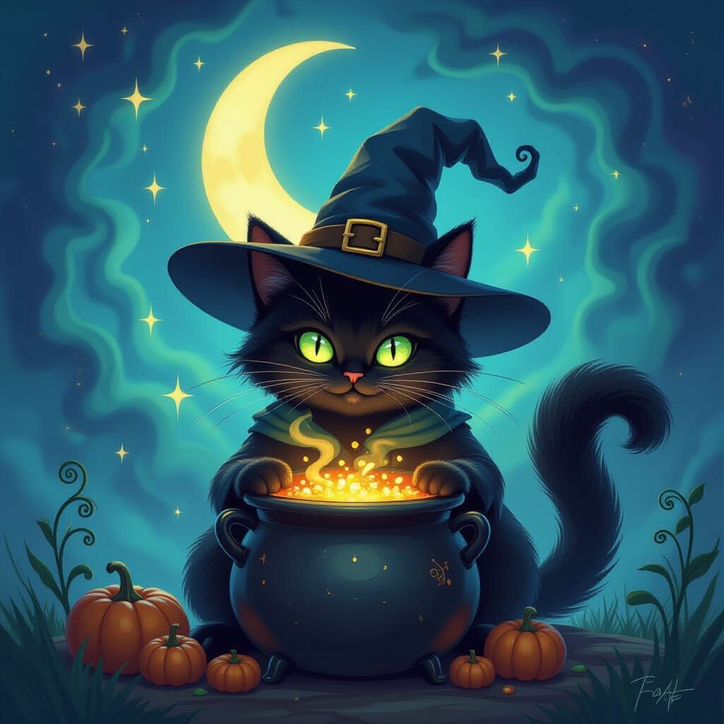 Mischievous Cat Guards Potion Cauldron Under Cosmic Sky