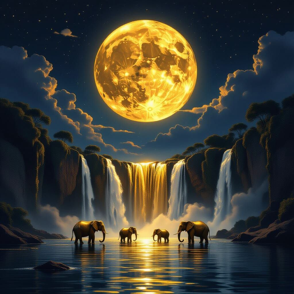 Golden Waterfall and Elephants: Fantasy Digital Art