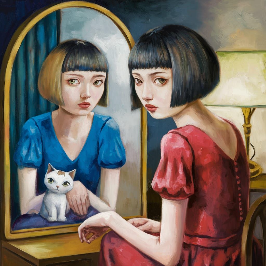 Surreal Oil Painting: Woman and Chibi Cat Reflection