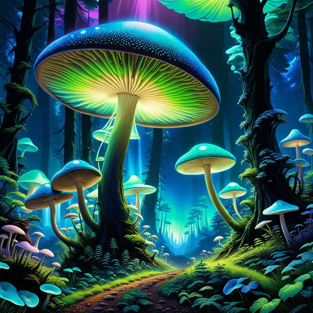 Iridescent Mushroom Forest on Alien Planet at Night