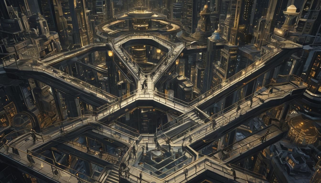 Sci-Fi Cityscape with Mirrored Staircases in Steampunk Style