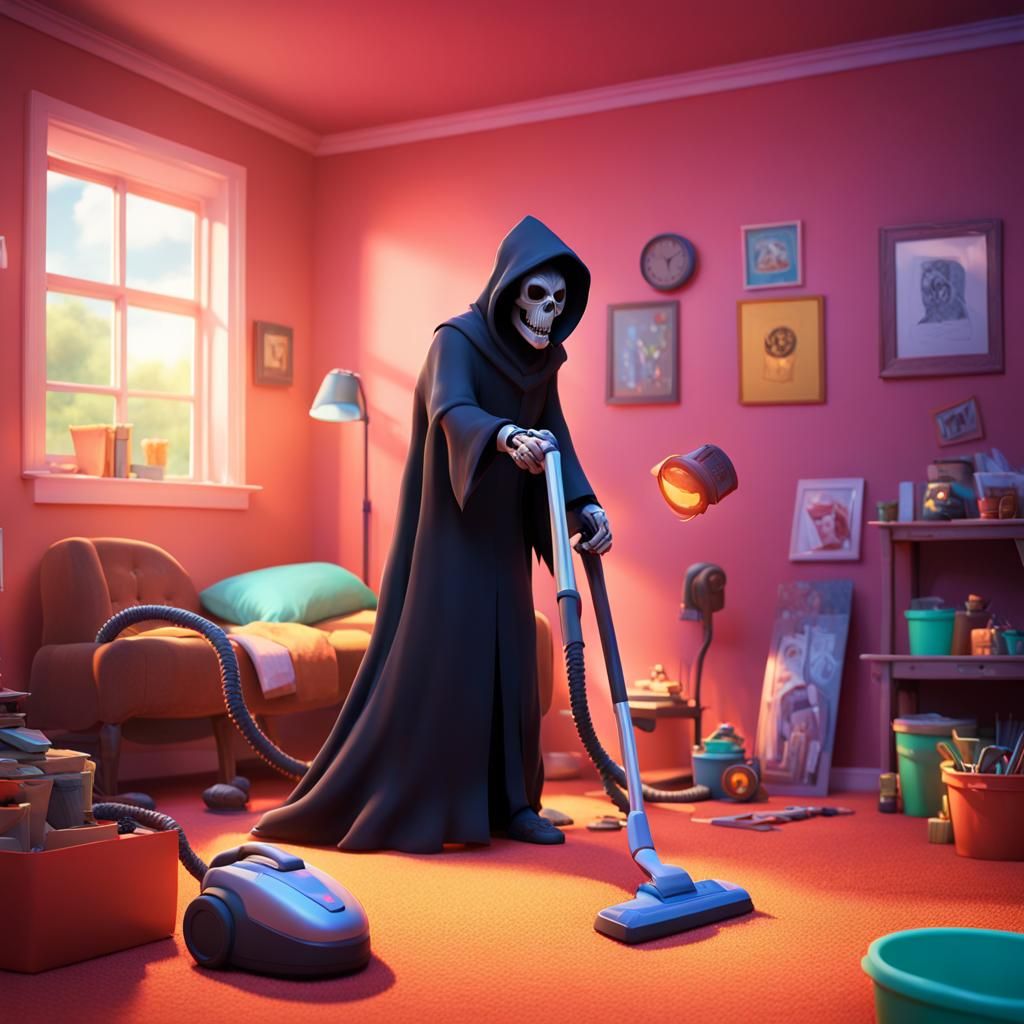 Grim Reaper Vacuuming: Pixar-Style 3D Digital Art