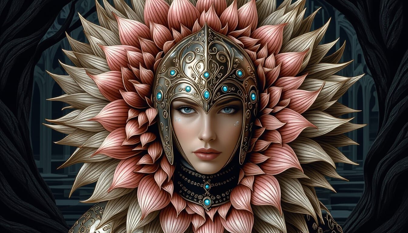 Ethereal Medieval Woman in Petal Helmet