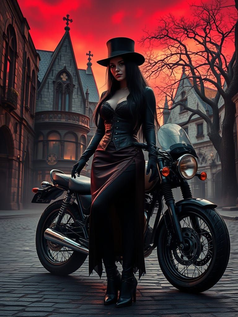 Surreal Femme Fatale Stands Beside Vintage Motorcycle in Fie...