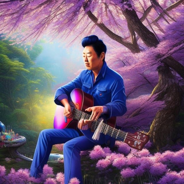 Japanese Bluesman in Cherry Blossom Forest: Digital Illustra...