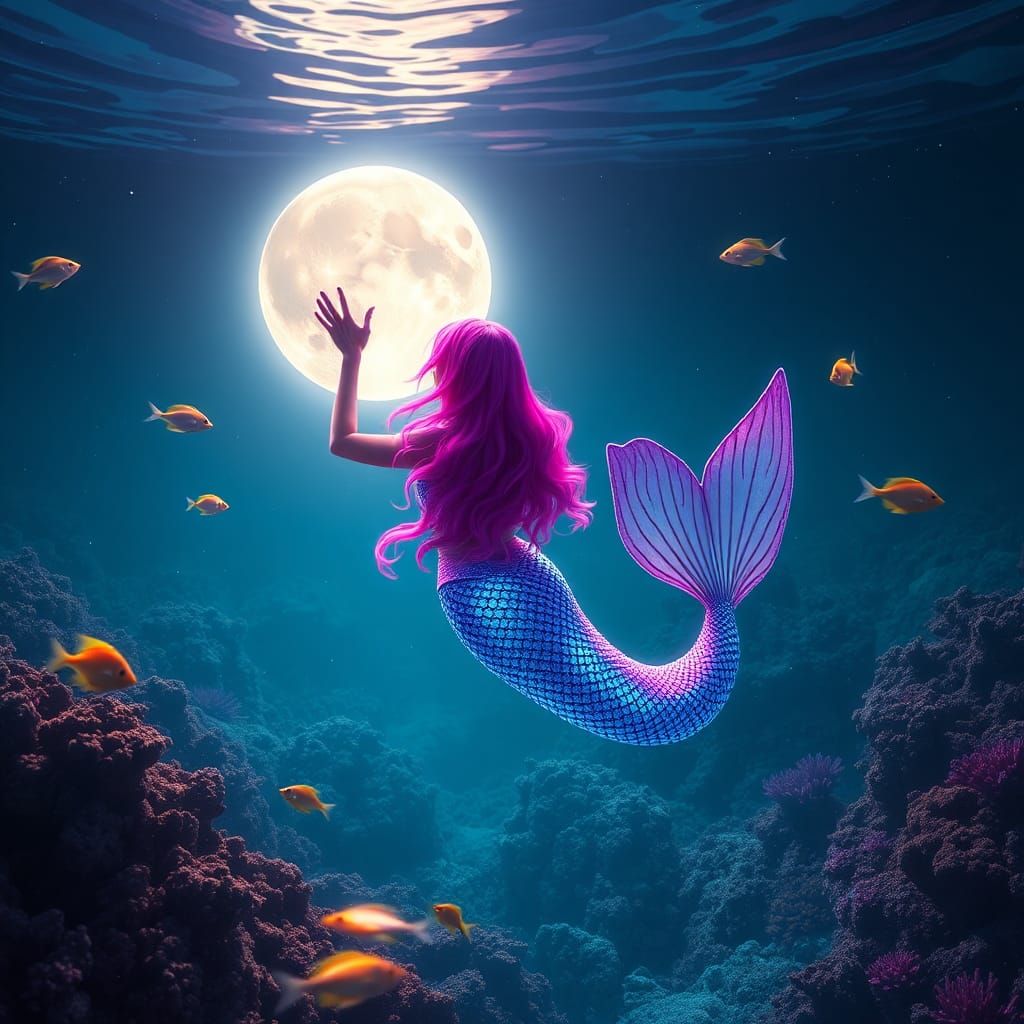 Hyperrealistic Mermaid Reaching for the Moon
