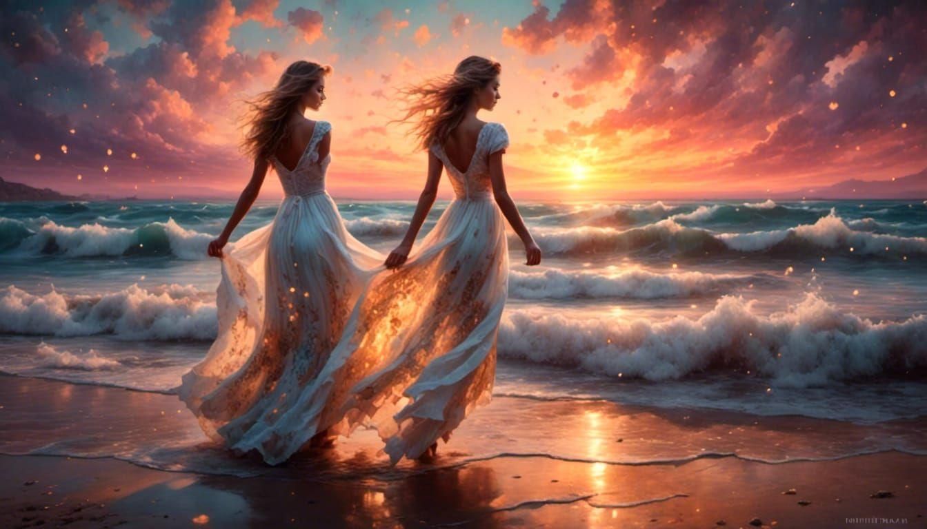 Coastal Sunset Watercolor Painting with Woman on Beach