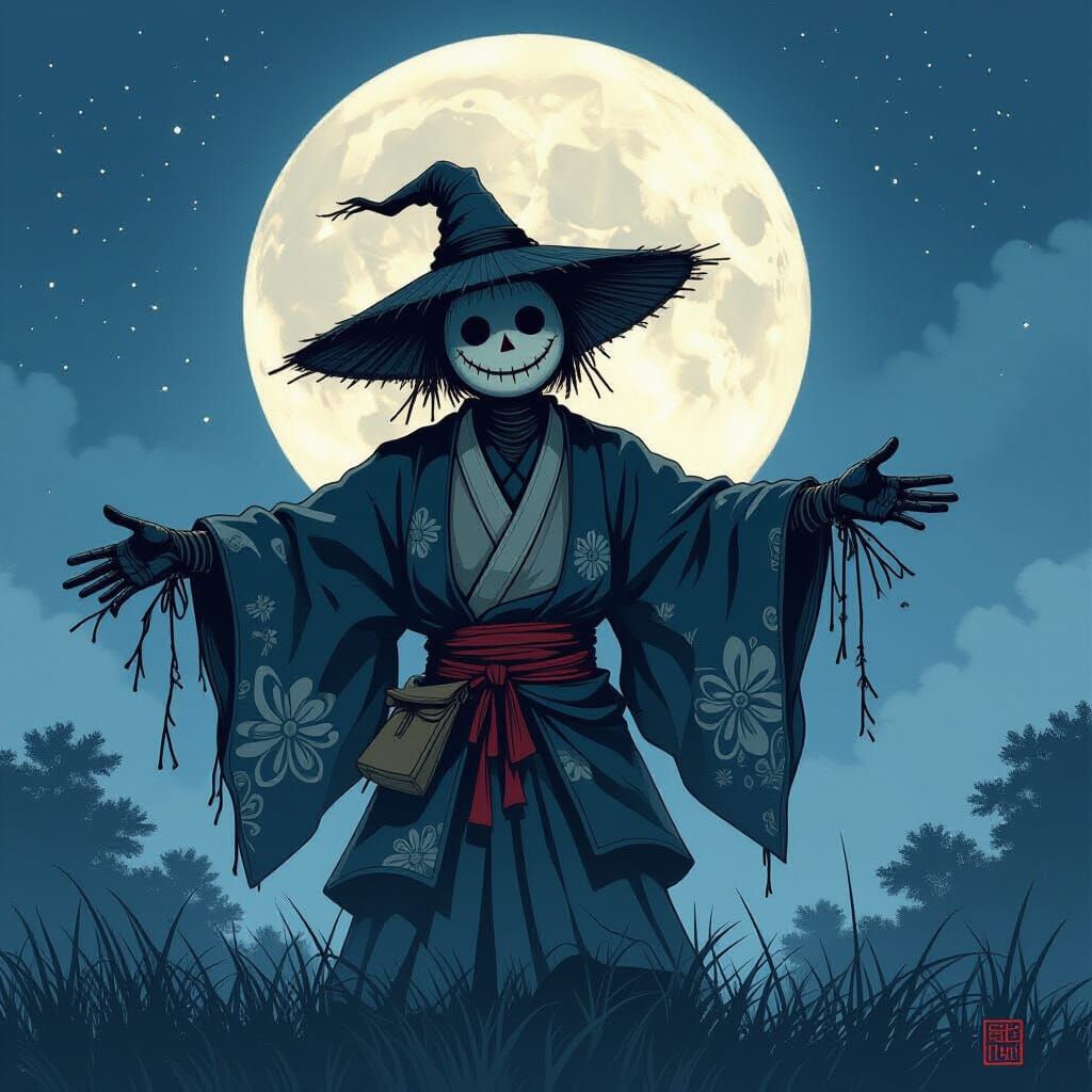 Scarecrow Smiles at Moon in Ukiyo-e Style