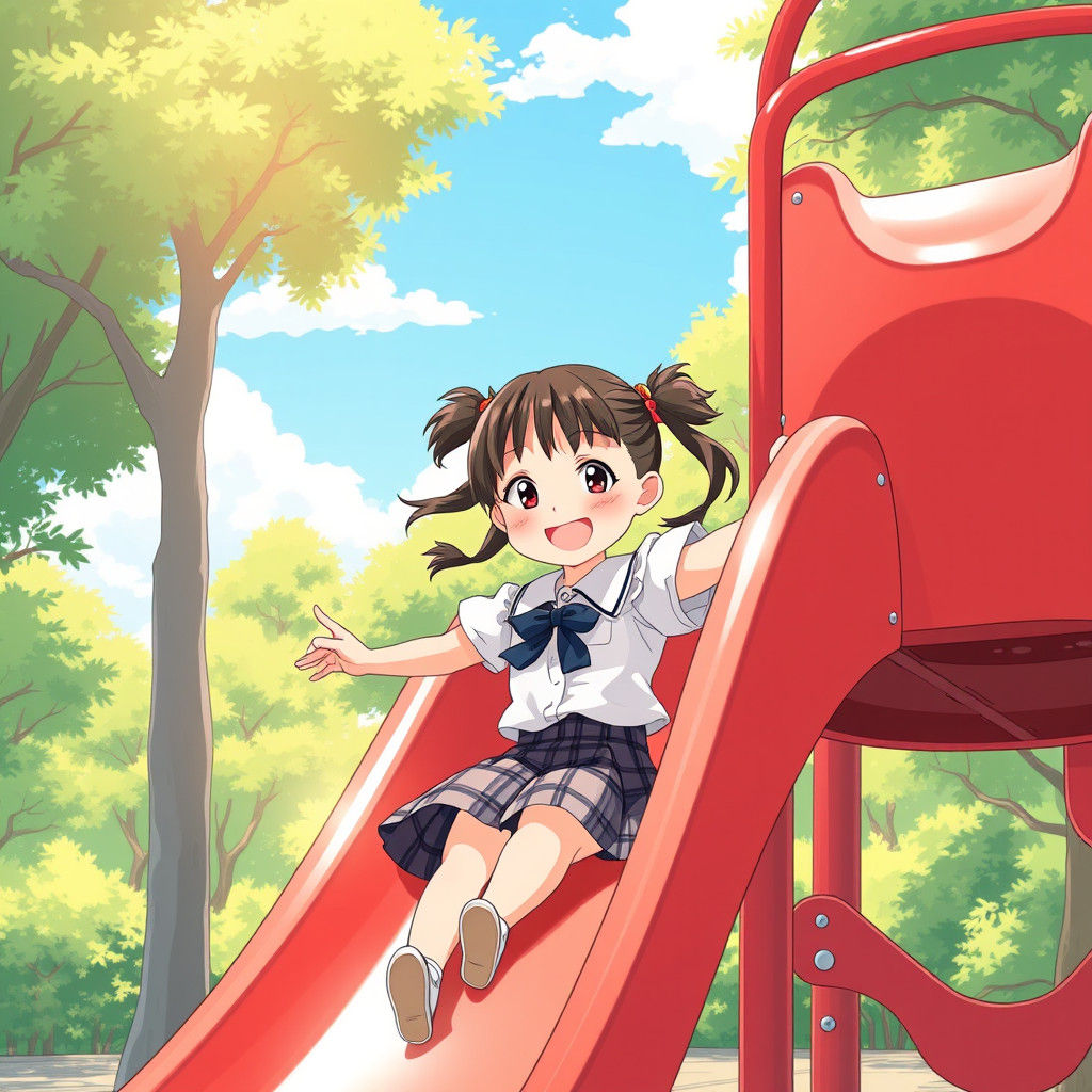 Schoolgirl on Slide: Anime-Inspired Playground Scene