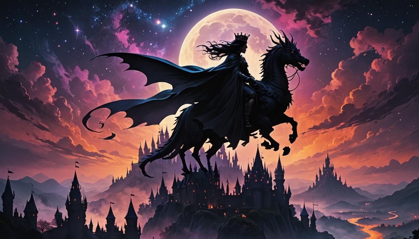 Silhouette: Princess on Dragon over Fairytale Castle