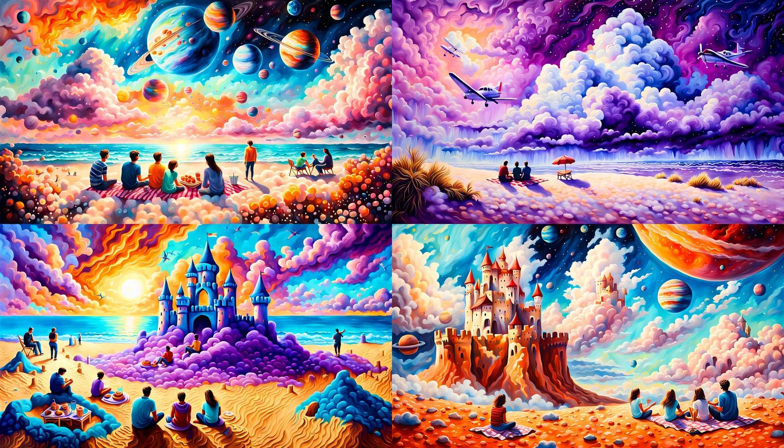 Cloud Sandcastles in Alien Sky: Hyperrealistic Acrylic