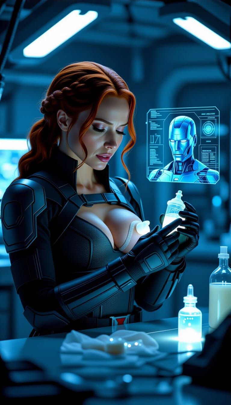 Natasha Romanoff in Lab with JARVIS Hologram
