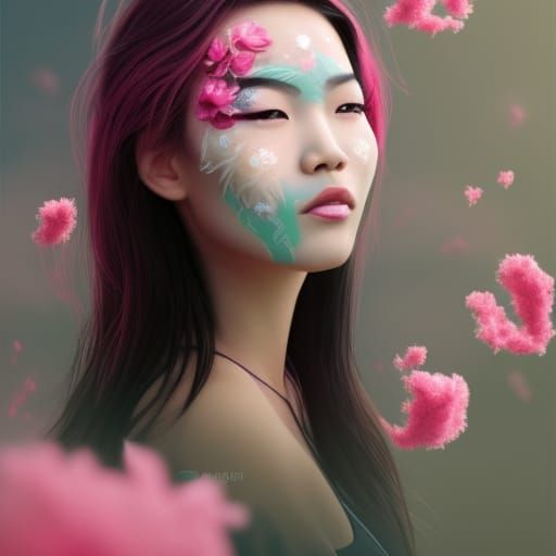 Dramatic Portrait of Asian Woman with Colored Dust