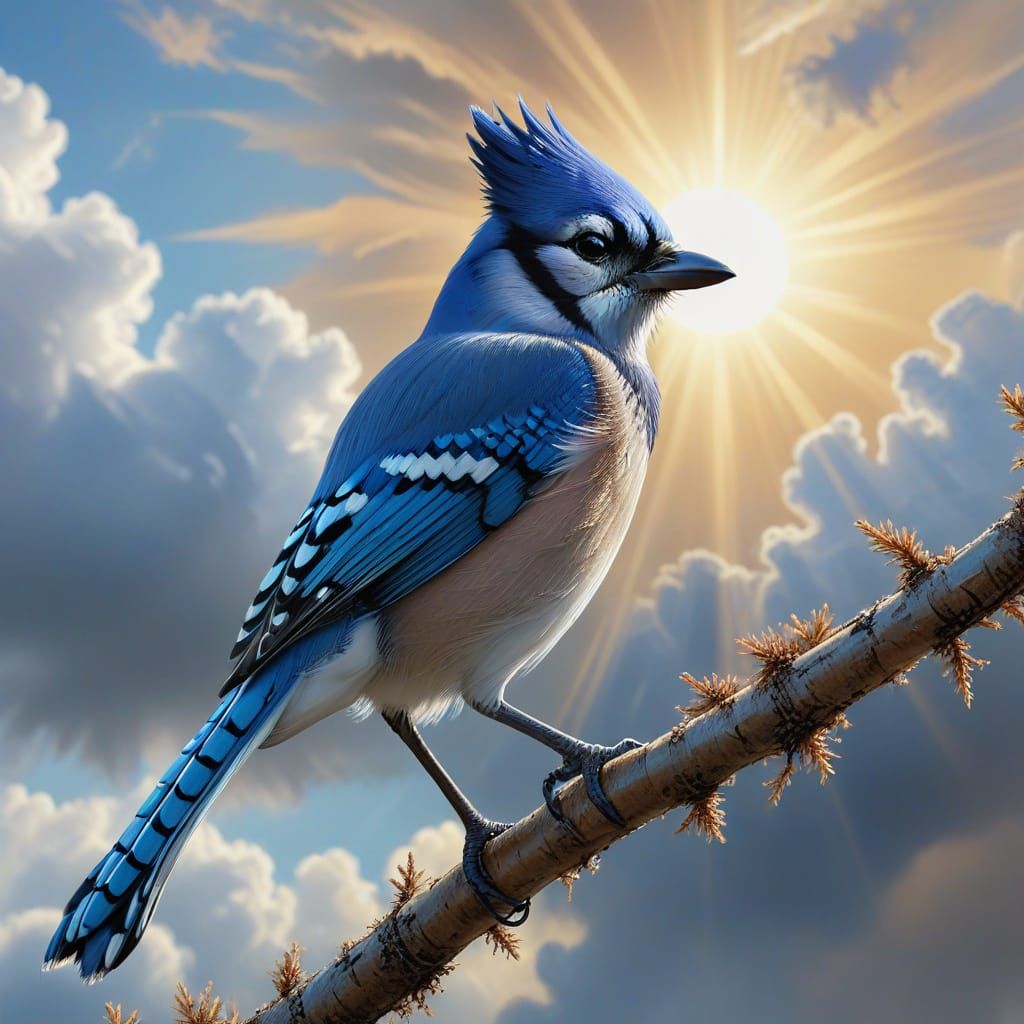 American Blue Jay in Sunlight, Photorealistic Painting