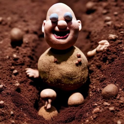 Joyous Clay Potato Man Emerges from Dirt