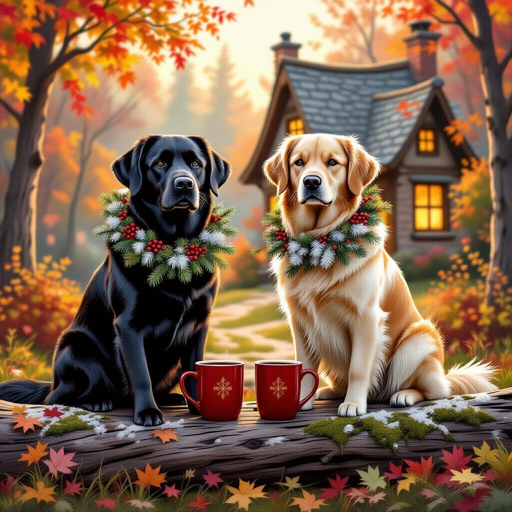 Labrador and Golden Retriever with Coffee in Fairytale Autum...