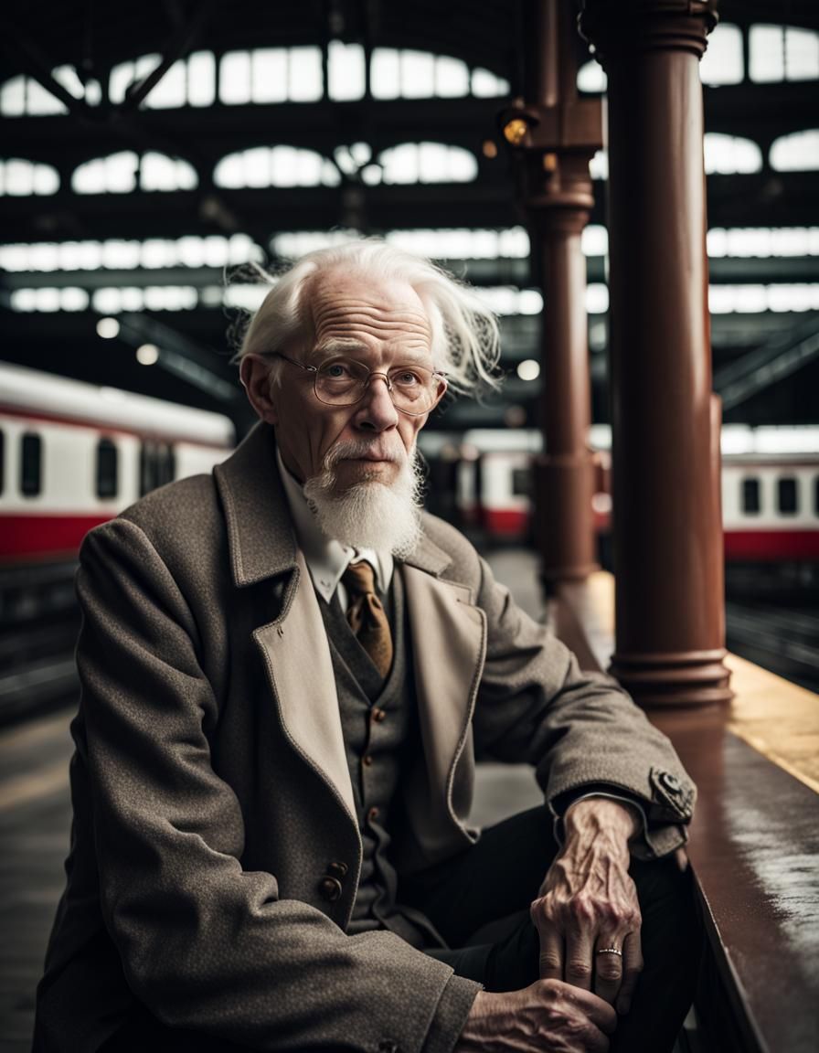 Albino Man Waiting at Train Station: Realistic Portrait