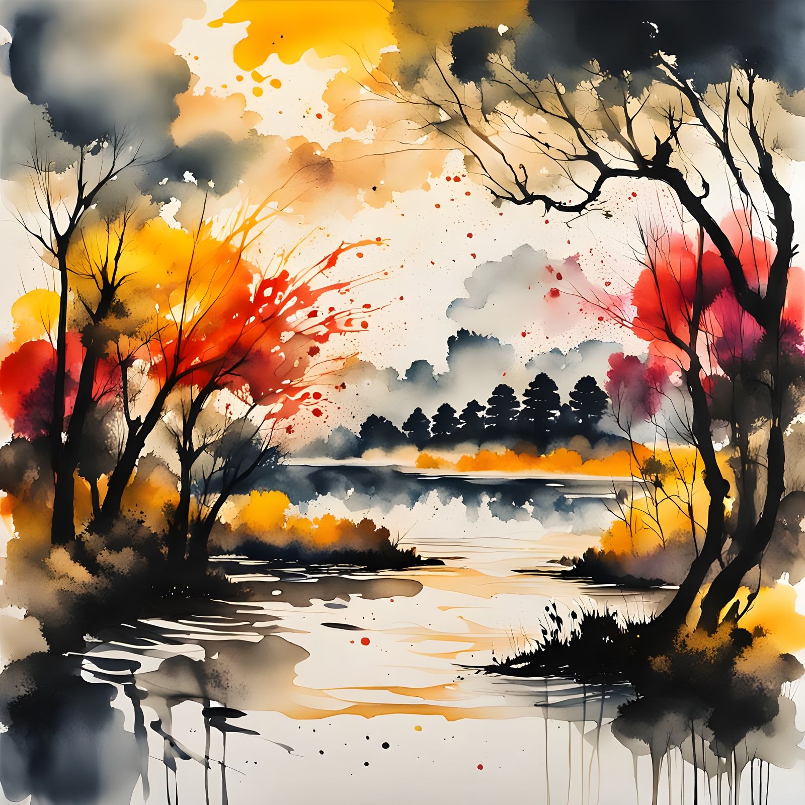Colorful Ink Landscape with River and Trees