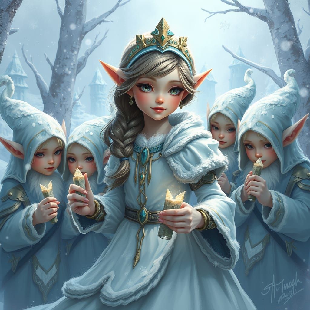 Whimsical Snow Palace Elves in Dreamlike Winter Scene